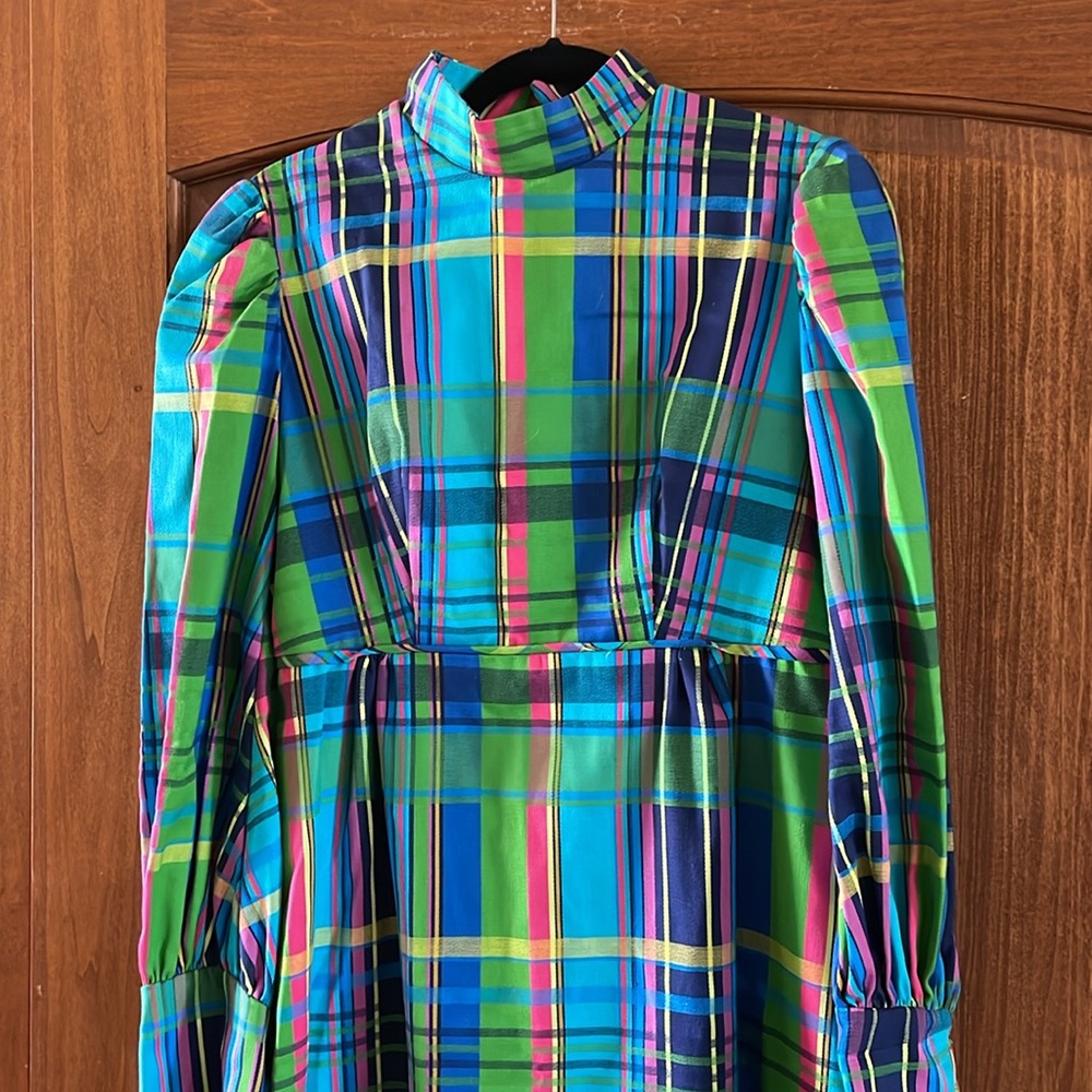 Vintage Plaid 1970’s Mod High Collar Puff Sleeve Long Dress Size Small - Picture 3 of 14